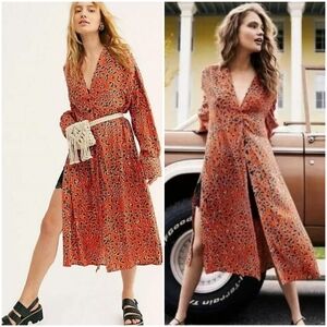 Free People Cest Moi Leopard Print Long Maxi Top Orange Red Size Small